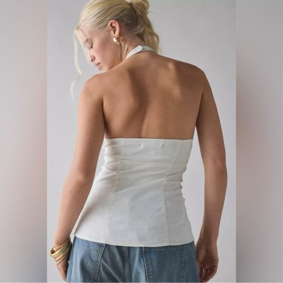 Urban Outfitters Sari Seamed Vest Halter Tank Top Linen Y2K Cream White NWT Sz L - Picture 2 of 9